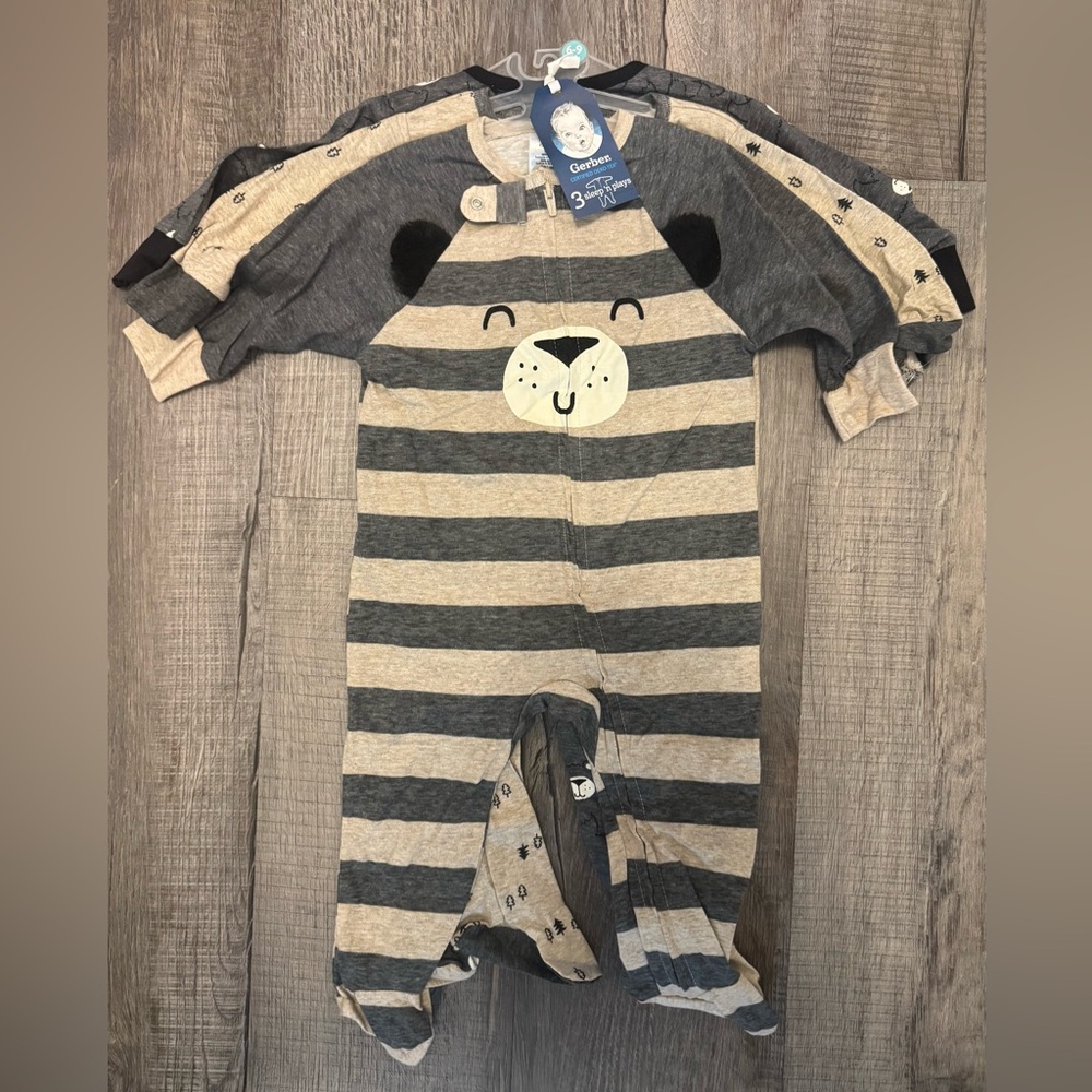 3 Gerber Gray Tan Striped Footie Pajama Sleep N’ Play Bear Woodland 6-9 Month
